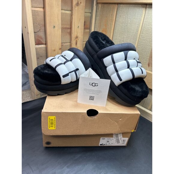 Ugg Womens Maxi Slide Logo Sandals Black & White Fur Lined Size 8 - Picture 1 of 8